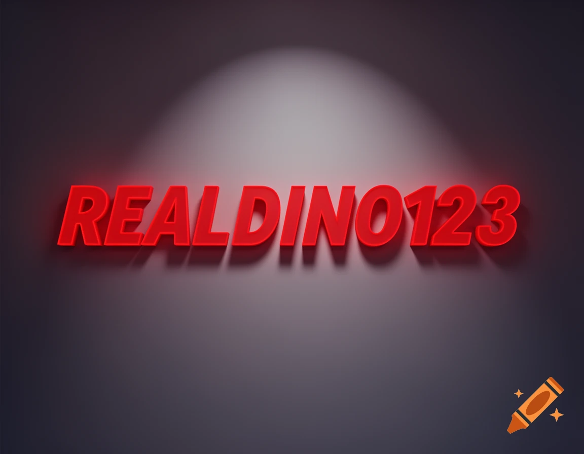 Bold, red 3D text 'REALDINO123' with a glowing effect, set against a dark background under a spotlight.