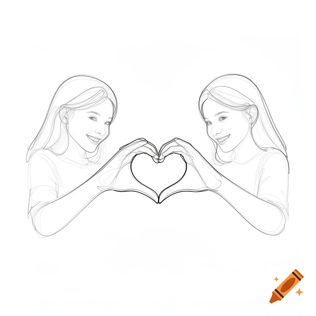 Line drawing of two smiling girls creating a heart shape with their hands.