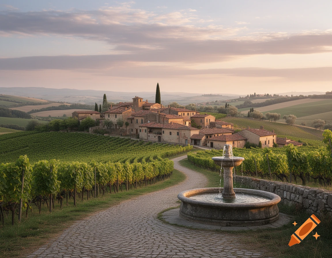 A photorealistic landscape featuring a stone fountain and cobblestone path leading to a charming Italian village surrounded by vineyards under a soft sky.