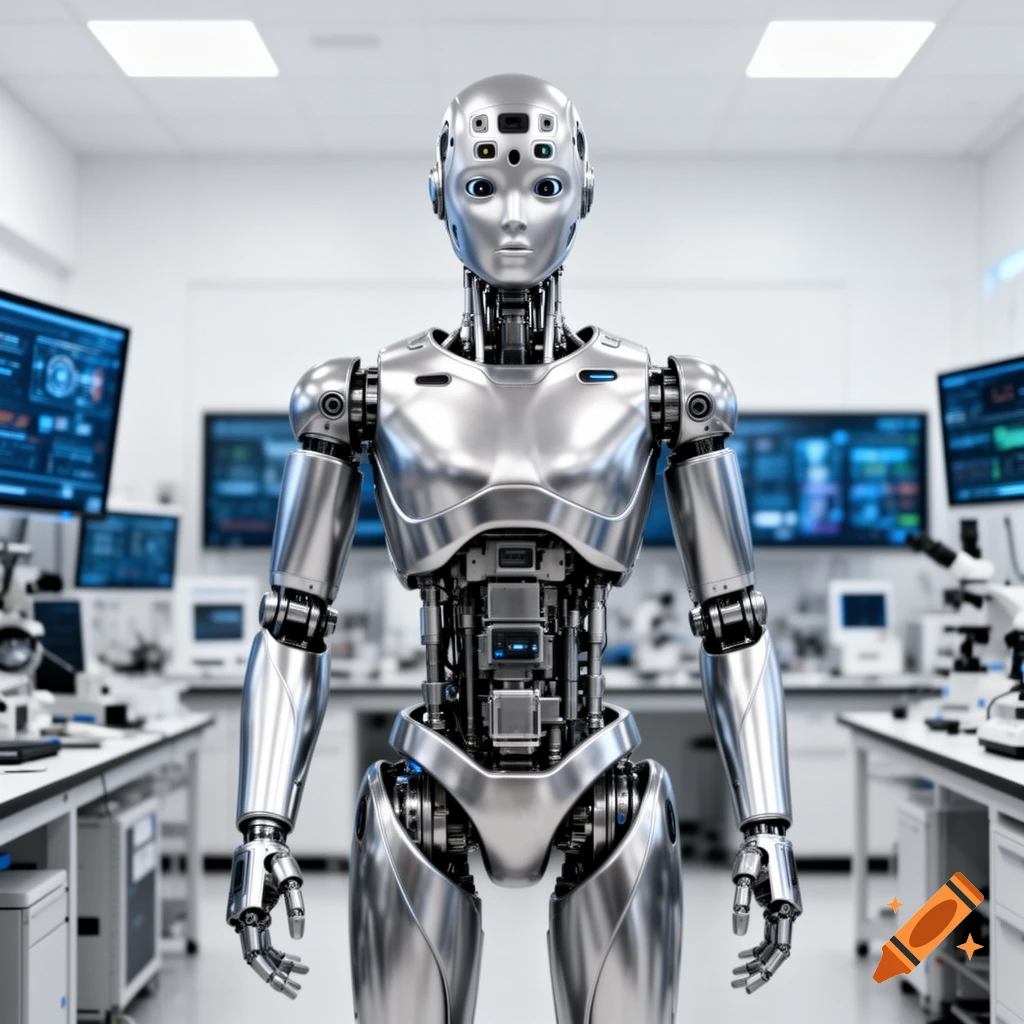A photorealistic silver humanoid robot stands upright in a modern science laboratory with glowing monitors in the background.