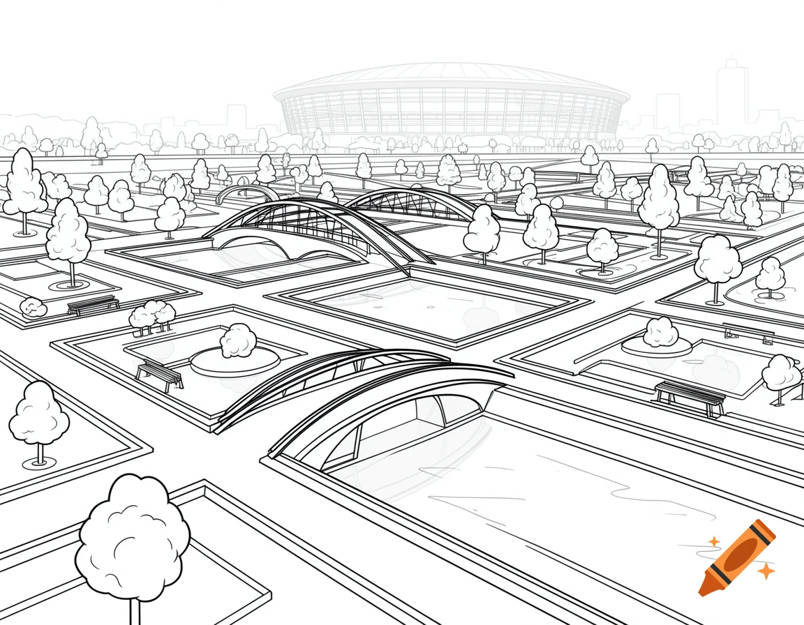 Black and white line art coloring page of a modern park with geometric paths, bridges, trees, and a stadium in the background.