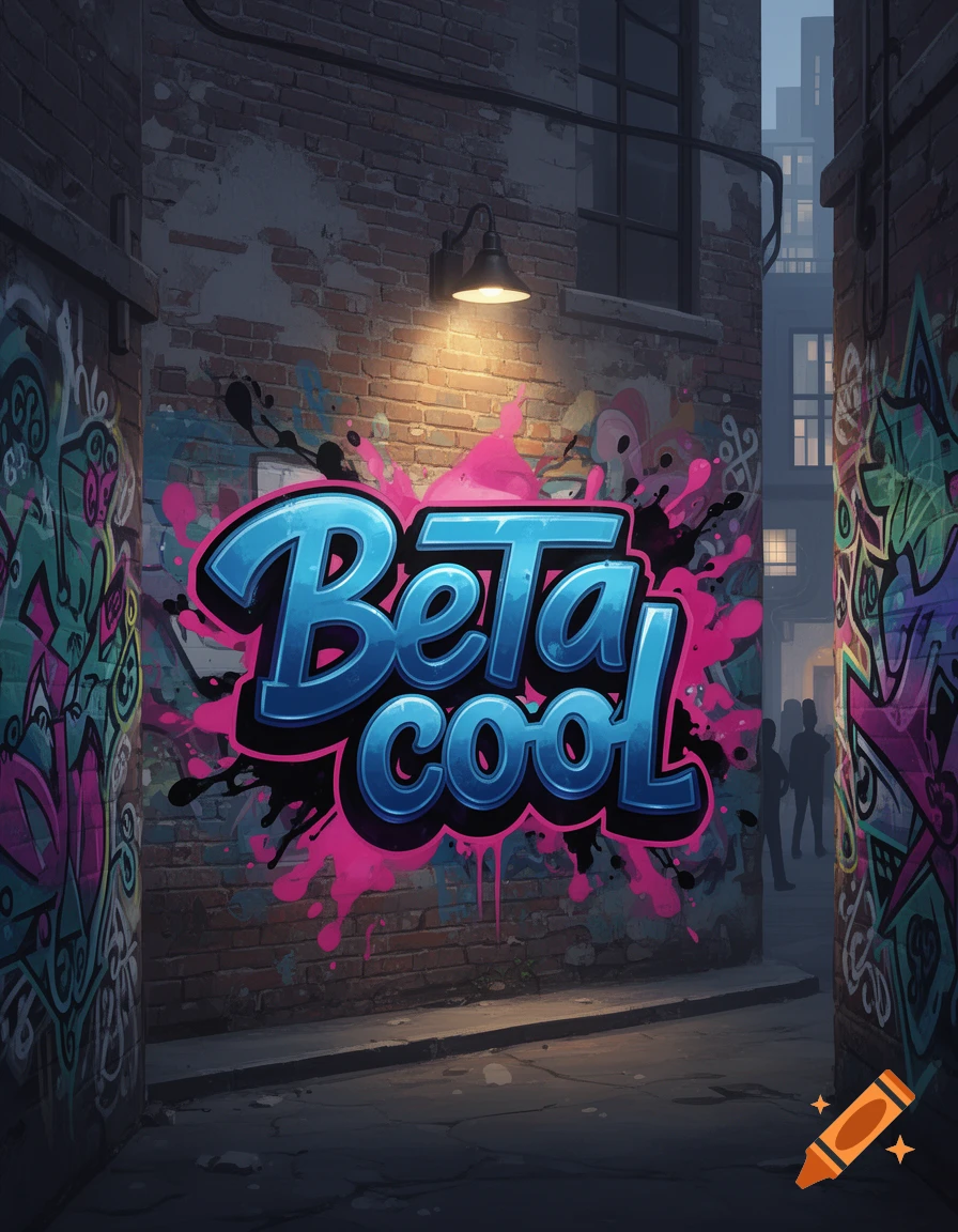 A vibrant blue and pink graffiti mural spelling 'Beta cool' on a brick wall in a dimly lit urban alleyway.