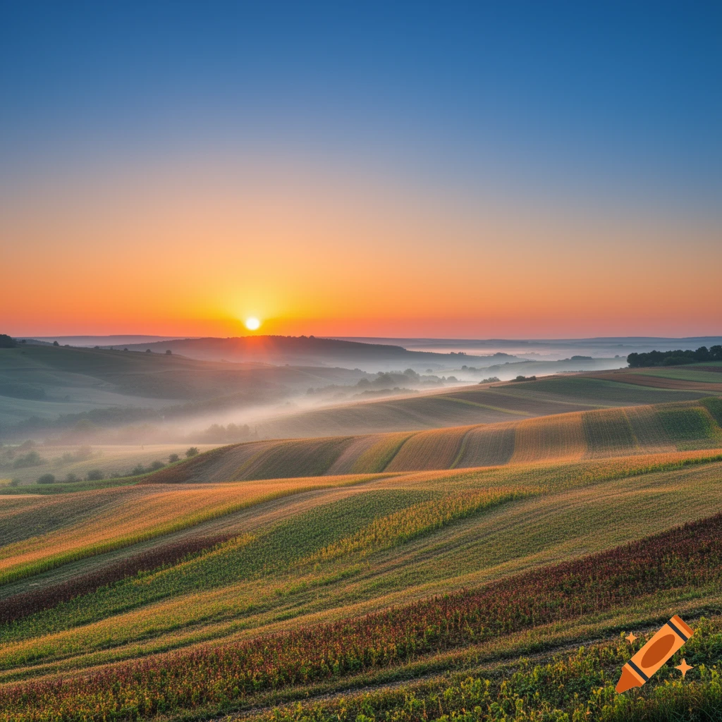 Photorealistic sunrise over rolling hills with patterned fields and mist in the valleys, under a clear sky.
