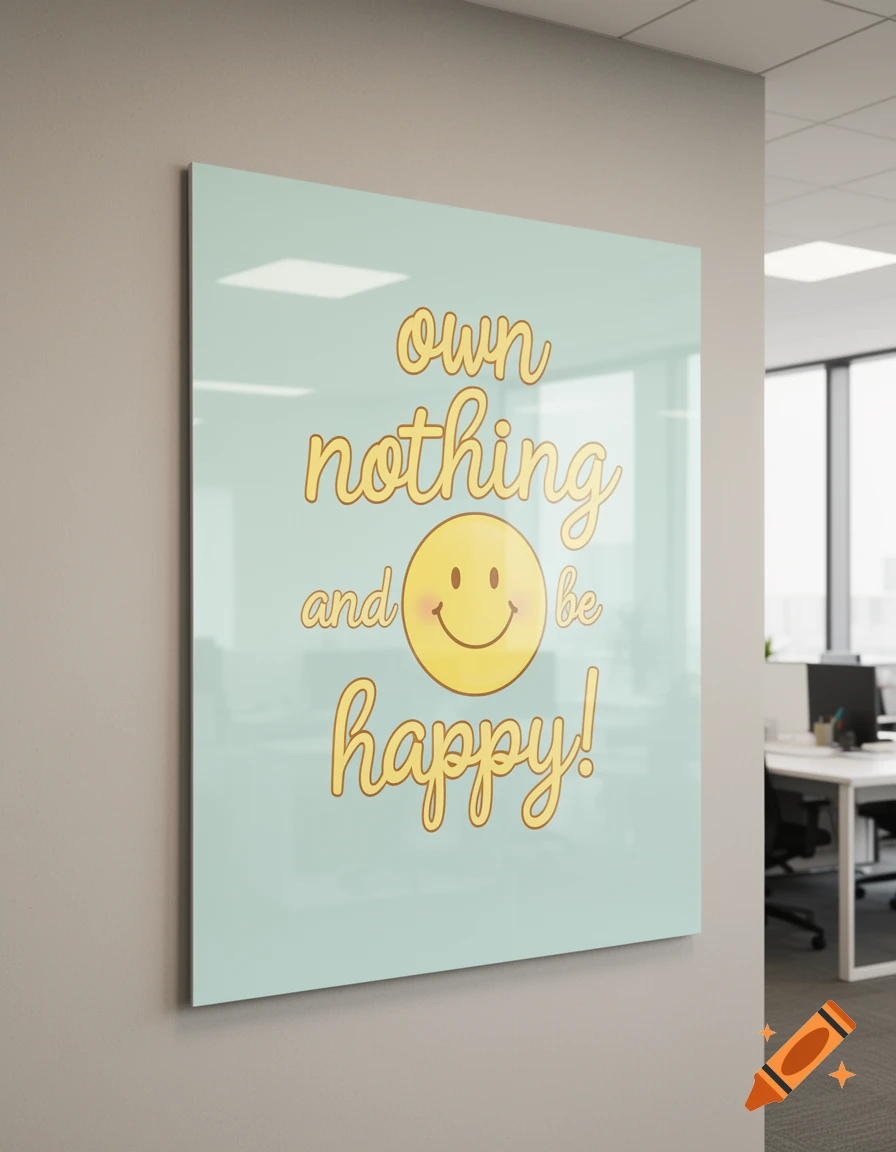 A light blue poster with gold cursive text "own nothing and be happy!" and a yellow smiley face hangs on a gray office wall.