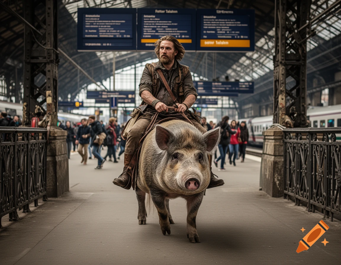 A rugged man rides a domestic pig through a bustling, high-ceilinged train station, with departure boards in the background.