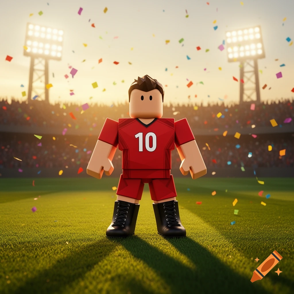 A Roblox-style soccer player wearing a red jersey with the number 10 stands on a green field with confetti falling.