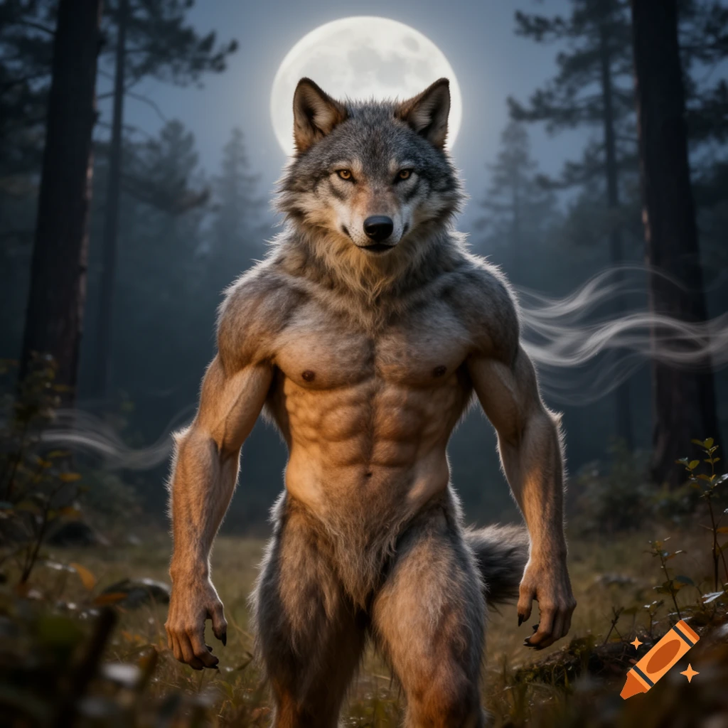 Photorealistic image of a muscular werewolf standing in a dark forest under a full moon.