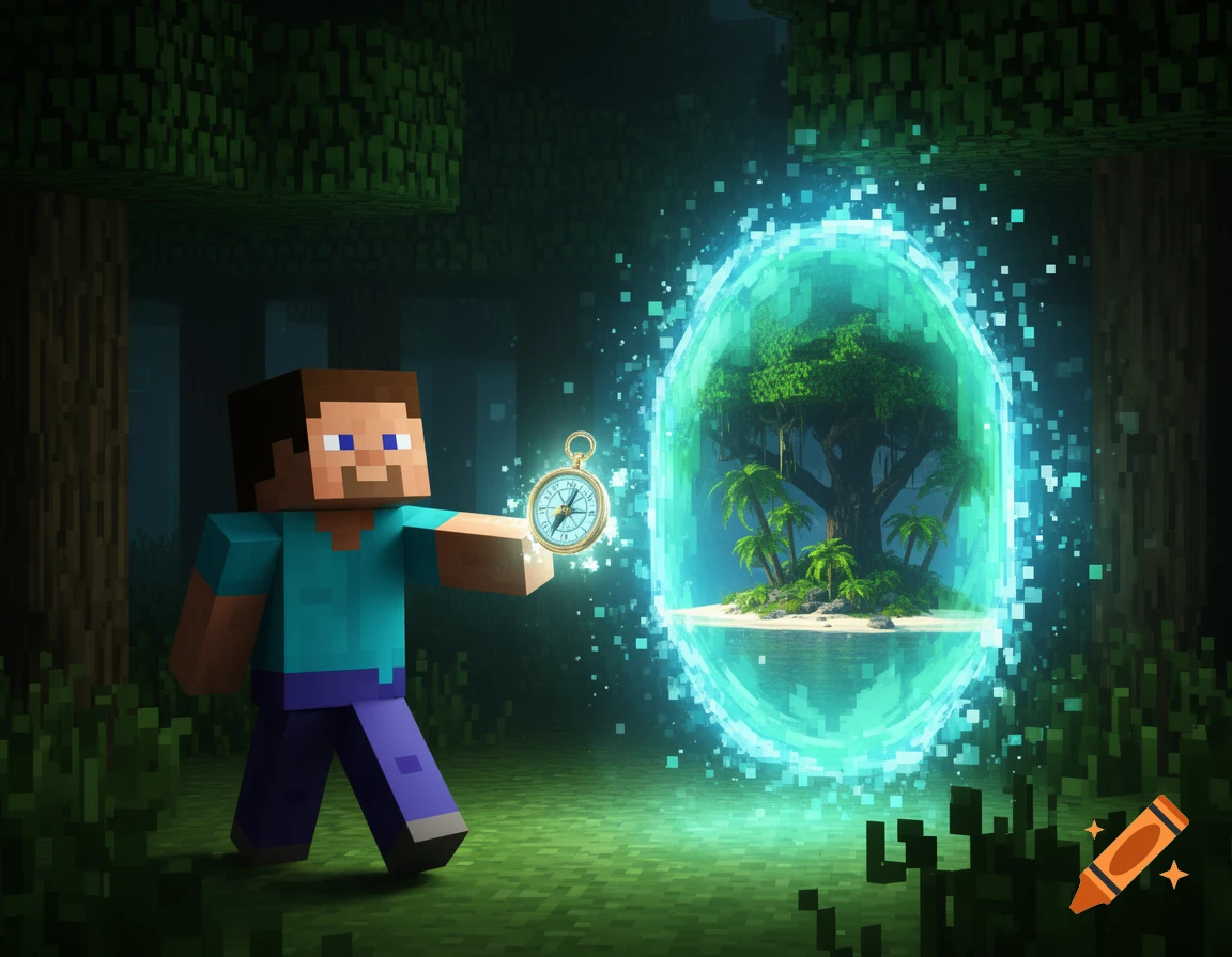 Steve from Minecraft, standing in a blocky forest, holds a glowing compass and opens a vibrant blue portal to a lush, tropical island.
