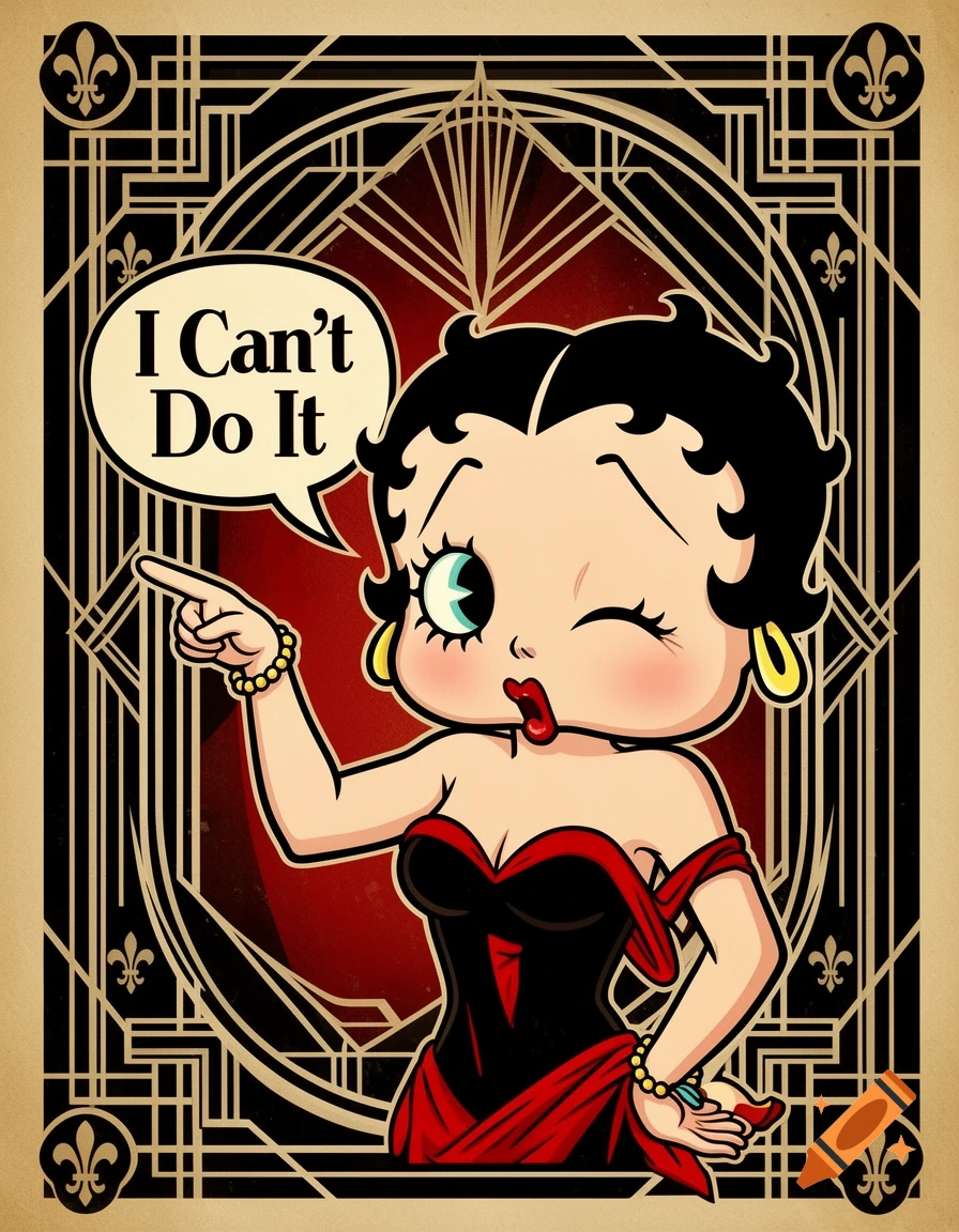 Betty Boop winks and points, a speech bubble reads 'I Can't Do It', against an Art Deco background.
