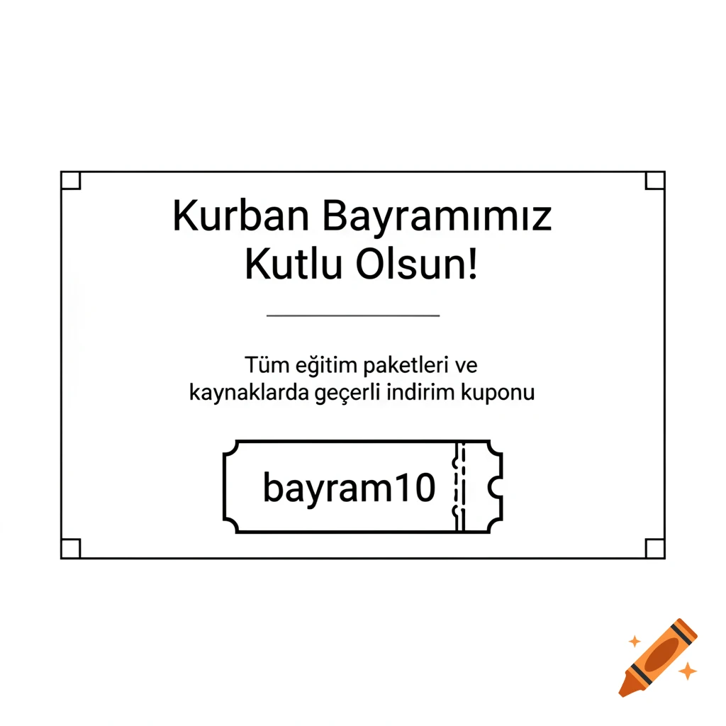 Black and white graphic of a promotional coupon wishing a happy Kurban Bayram l, offering a discount on education packages with code 'bayram10'.