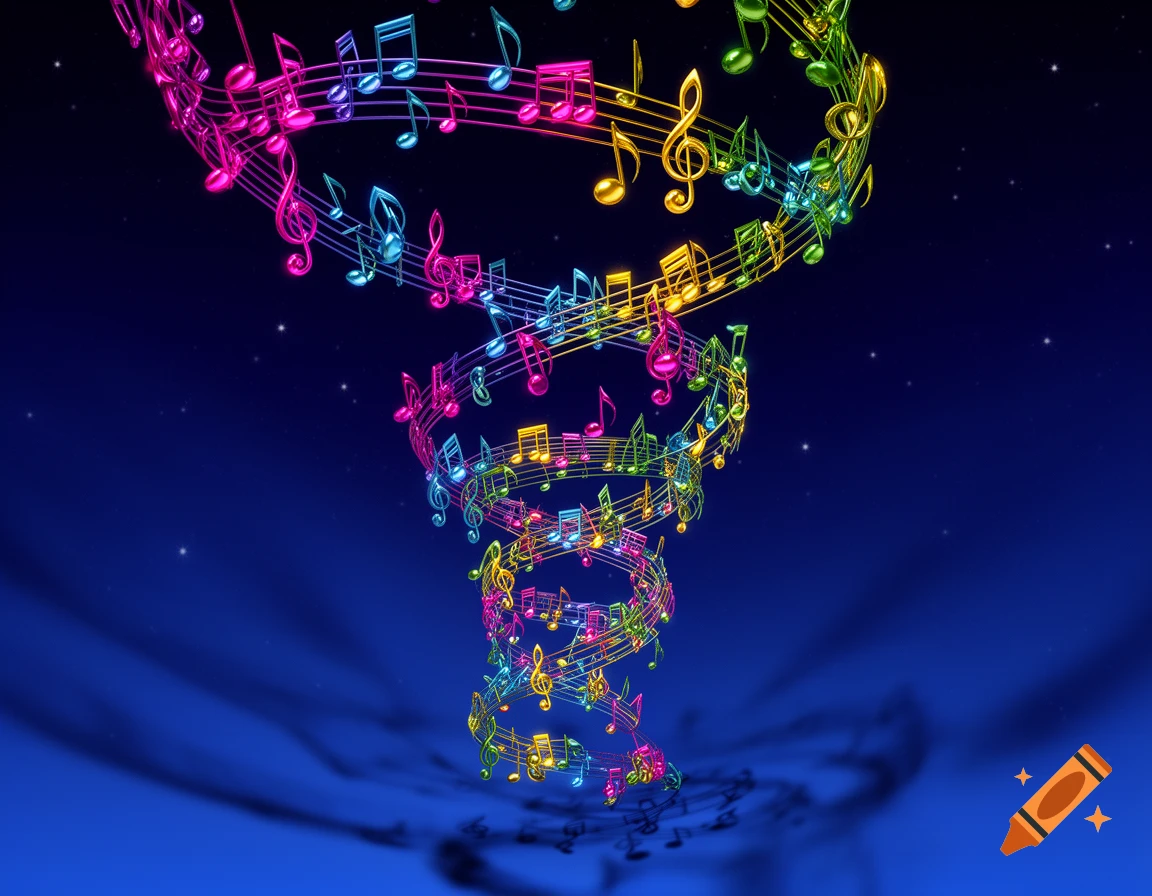 A vibrant tornado of colorful musical notes spirals upward against a dark blue, starry background.