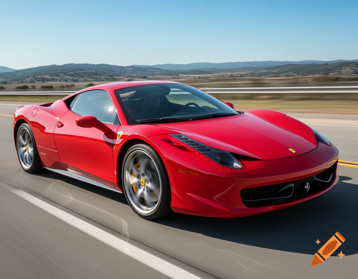 A shiny red Ferrari 458 sports car drives fast on a highway under a clear blue sky, with motion blur on wheels and background.