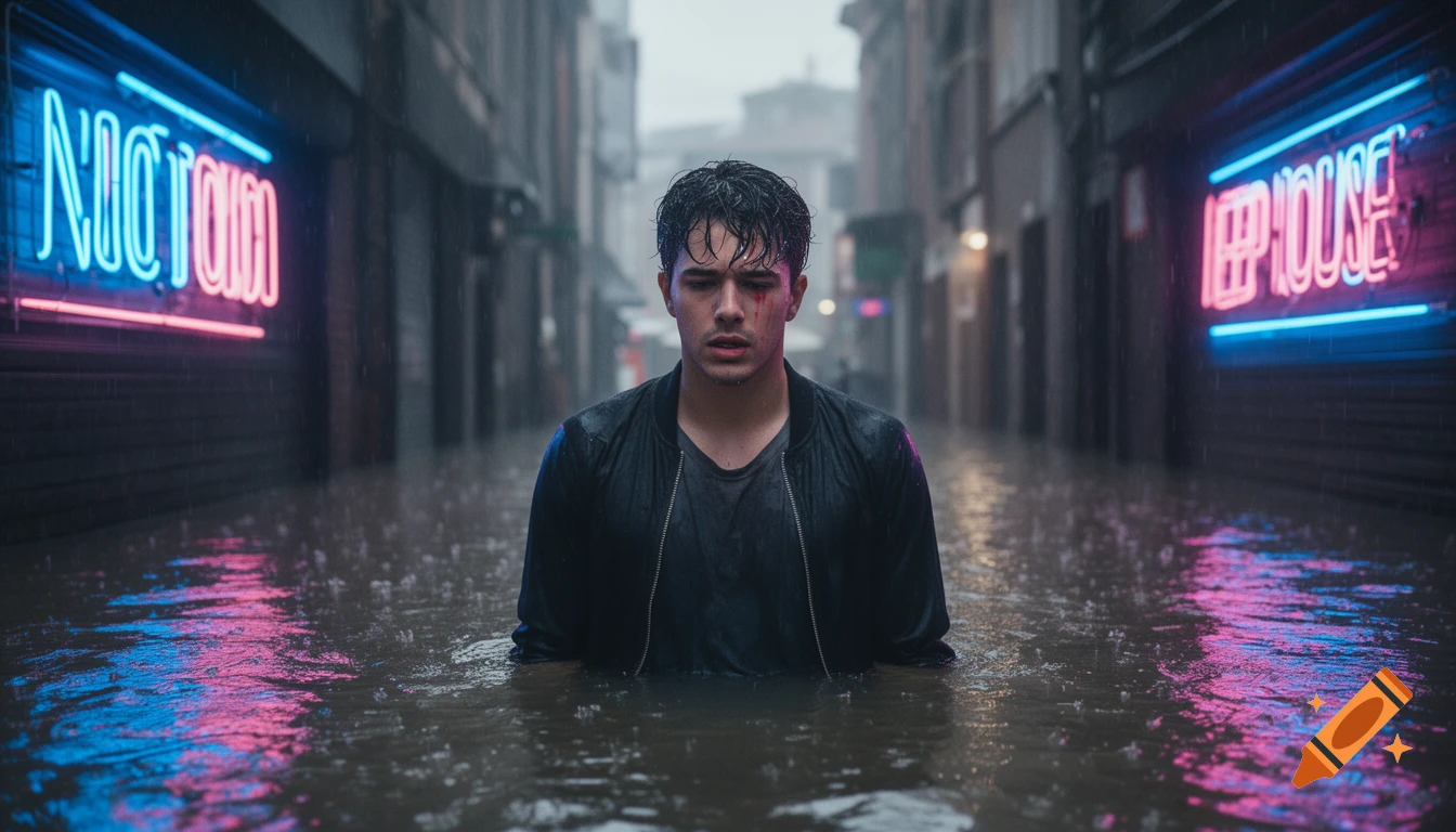 A young man stands chest-deep in floodwaters on a dark, rainy city street, looking sad. Neon signs reflect in the water, adding purple and blue light.