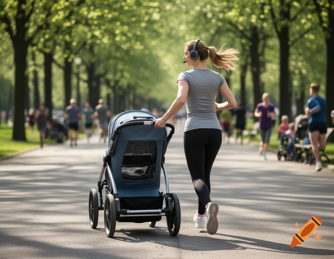 A woman with a ponytail and headphones jogs from behind, pushing a baby stroller on a tree-lined path in a park.