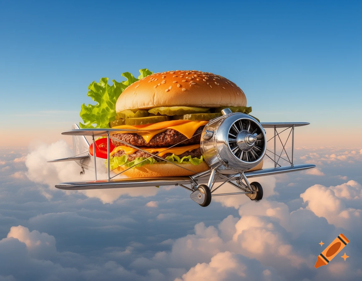 A photorealistic double cheeseburger with lettuce, pickles, and cheese, integrated into a silver biplane, flies high above clouds in a blue sky.