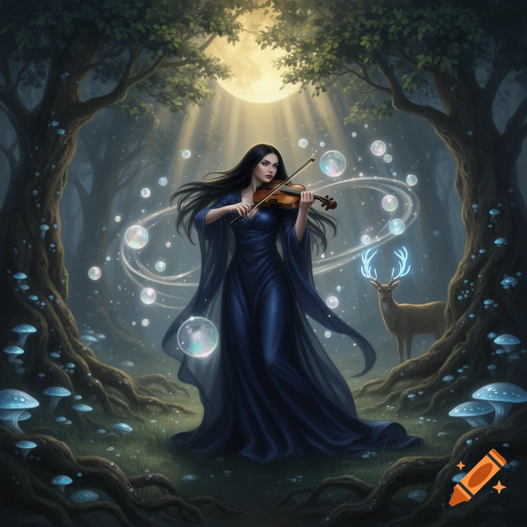 A dark-haired woman in a blue gown plays a violin in a mystical forest under a full moon, surrounded by glowing bubbles and a deer with glowing antlers.
