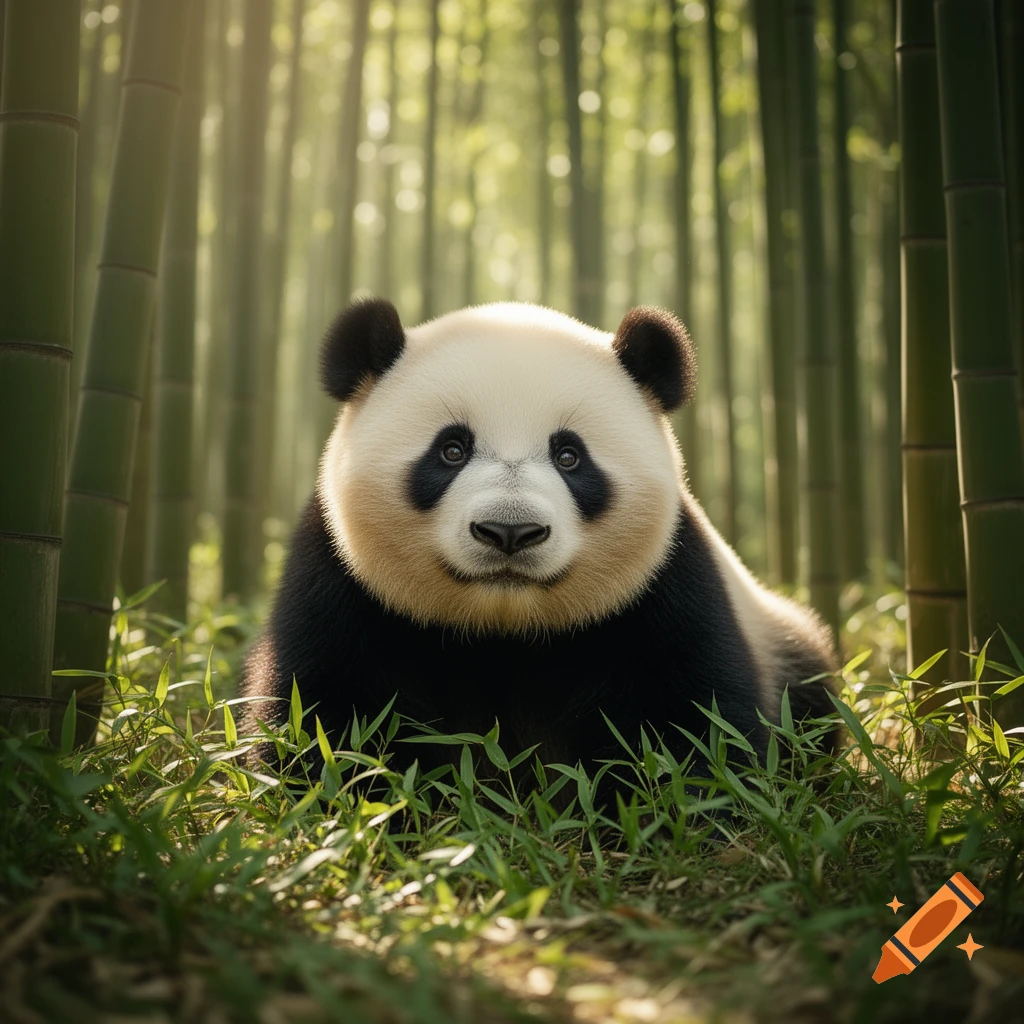 A photorealistic giant panda sits in a lush, sunlit bamboo forest, looking directly at the viewer.
