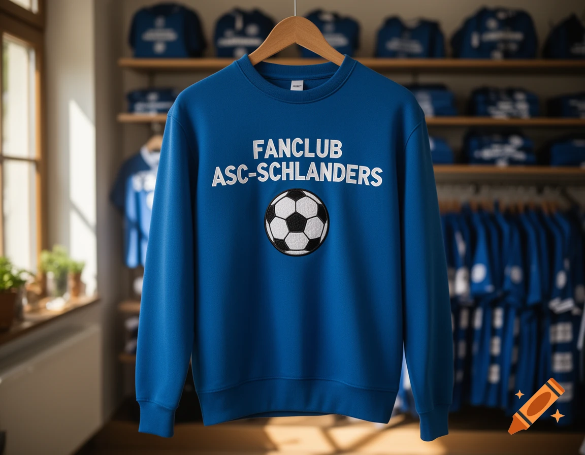 A blue sweatshirt with "FANCLUB ASC-SCHLANDERS" text and a soccer ball logo hanging on a wooden hanger in a store with other apparel in the background.