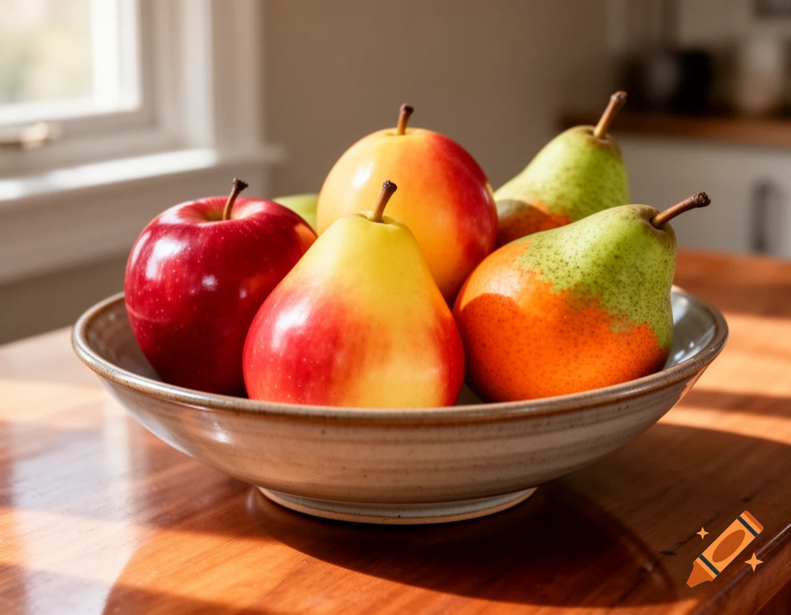 Red apples and multi-colored pears in a ceramic bowl on a wooden table, illuminated by sunlight from a window.