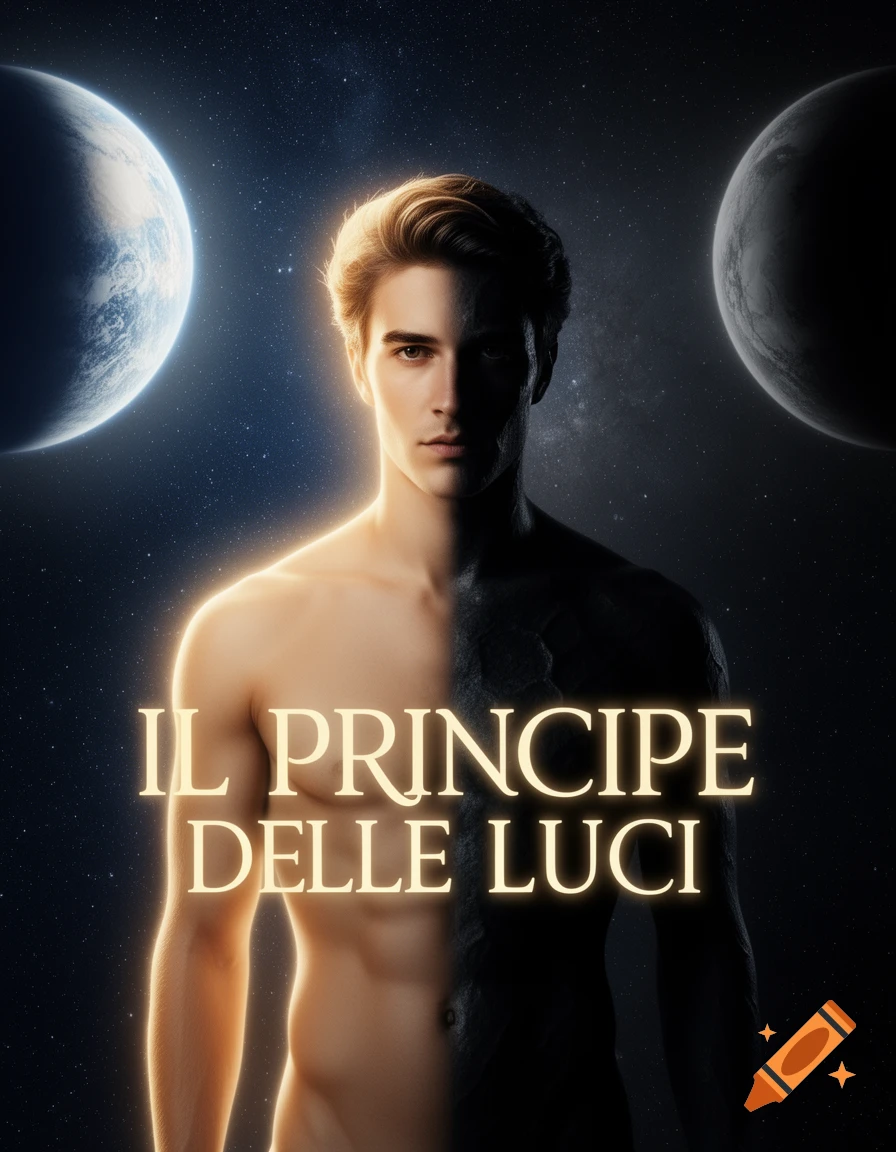 A shirtless man, half glowing light and half dark, stands against a starry space background with a bright planet and a dark planet. Text reads 'IL PRINCIPE DELLE LUCI'.