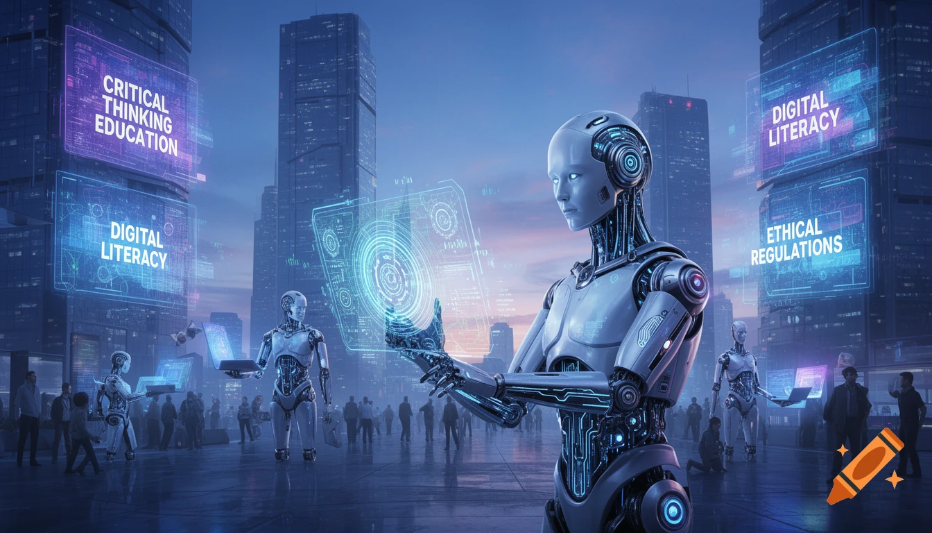 Futuristic city with robots interacting with glowing holographic screens detailing critical thinking, digital literacy, and ethical regulations.