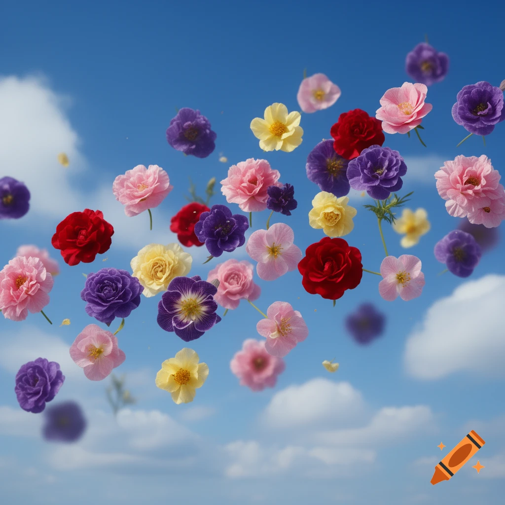 Vibrant red, purple, pink, and yellow flowers float gracefully in a clear blue sky with fluffy white clouds.