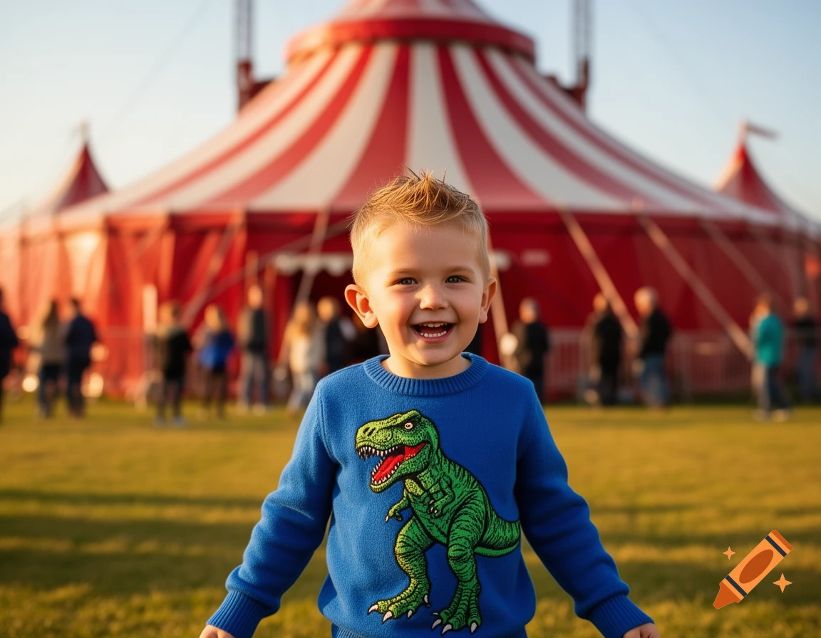 A smiling young boy in a blue T-Rex sweater stands in front of a red and white striped circus tent during golden hour.