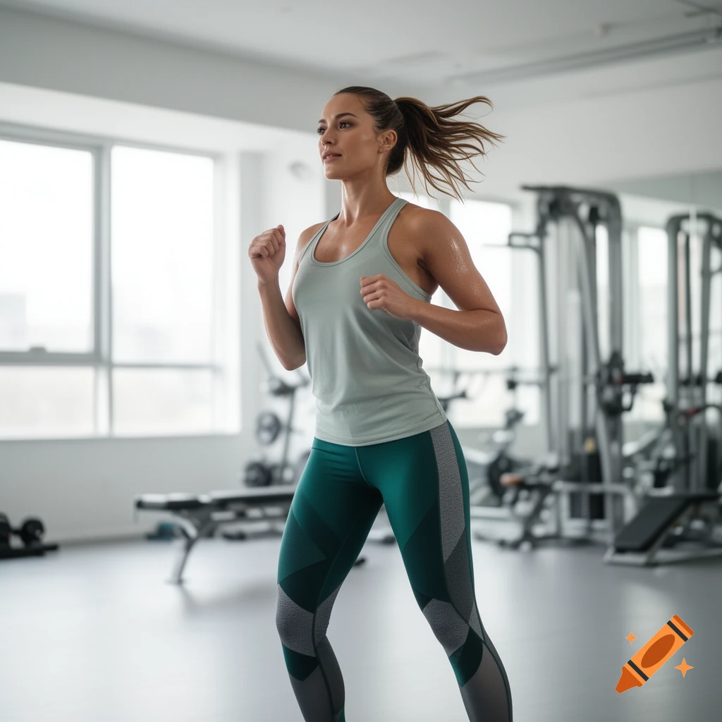 Sweaty woman with hair pulled back, wearing a tank top and patterned leggings, running in a modern gym.