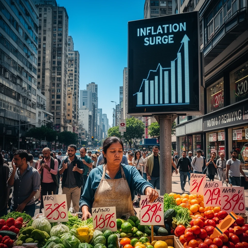 A bustling city street scene with a fruit vendor in the foreground and a digital billboard displaying 'INFLATION SURGE' with an upward-trending bar graph in the background.