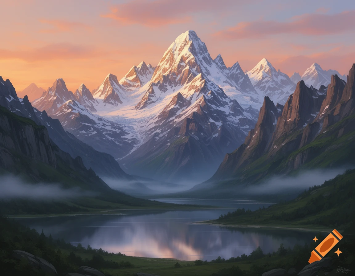 Snow-capped mountains and green valleys reflected in a calm lake under a colorful sunrise or sunset sky.