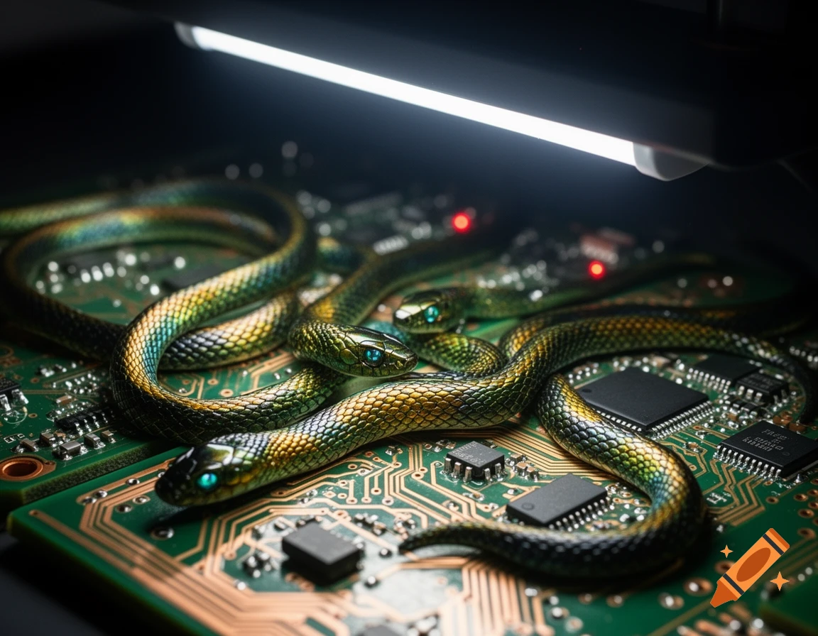 Green and gold snakes with glowing blue eyes coiled on a detailed green circuit board under a bright white light.