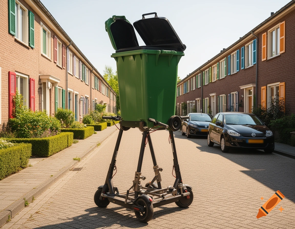 A large green trash bin mounted on a structure made of electric scooter parts, on a sunny street lined with brick houses and parked cars.