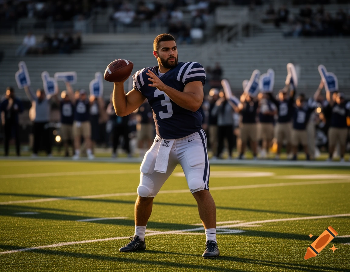 A male football player in a blue jersey with number 3 throws a football on a sunny green field in a stadium.