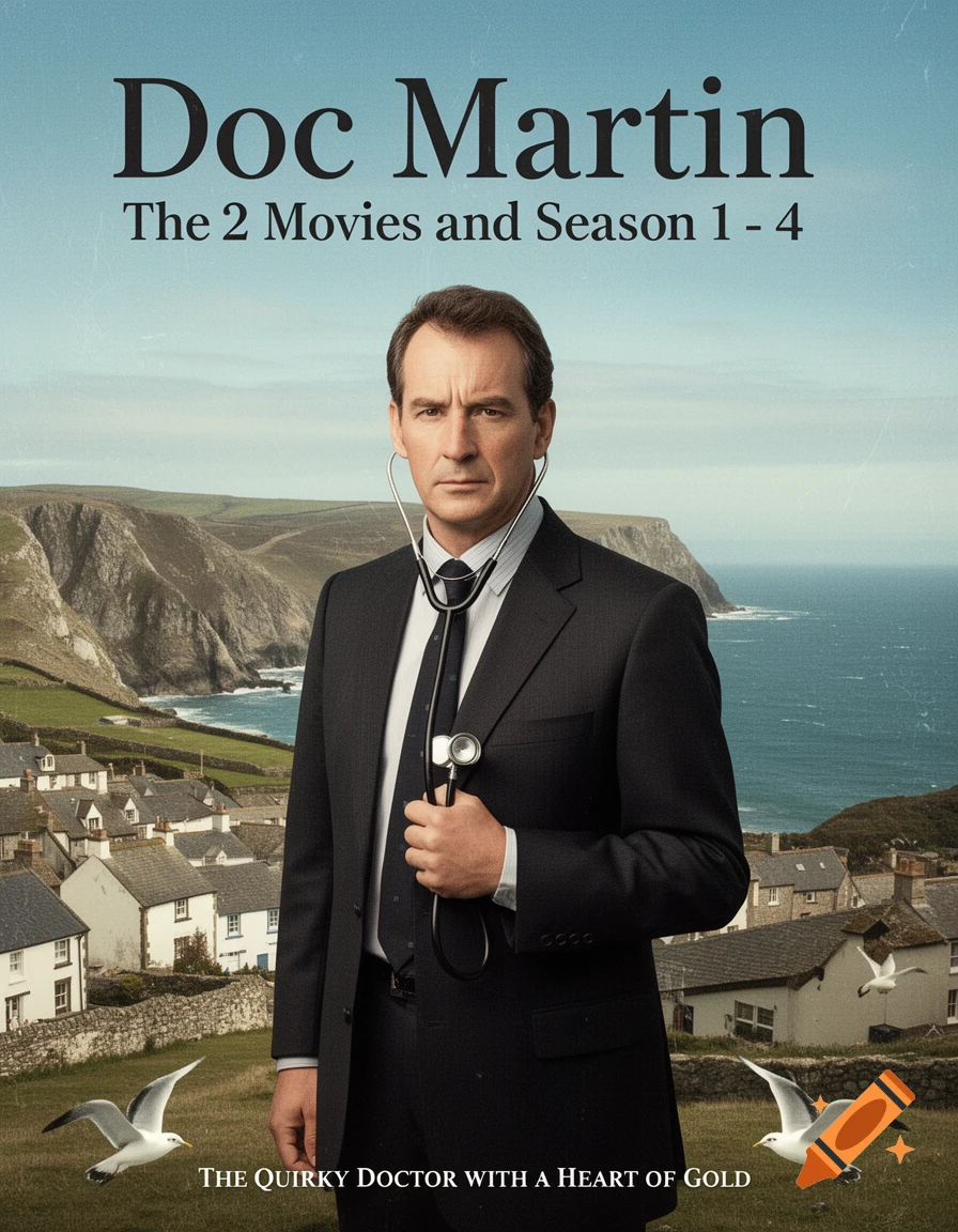 DVD cover for 'Doc Martin' featuring a man in a suit with a stethoscope, standing before a scenic coastal village.