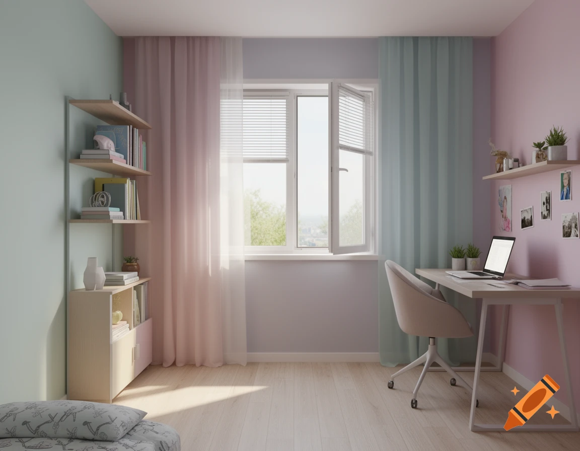 A modern, light-filled youth room with a desk, laptop, bookshelves, and an open window, featuring pastel-colored walls and curtains.