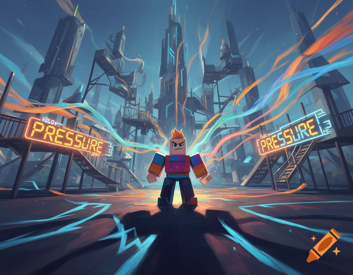 Angry Roblox-style character in a futuristic city with glowing neon 'PRESSURE' signs and energy trails.