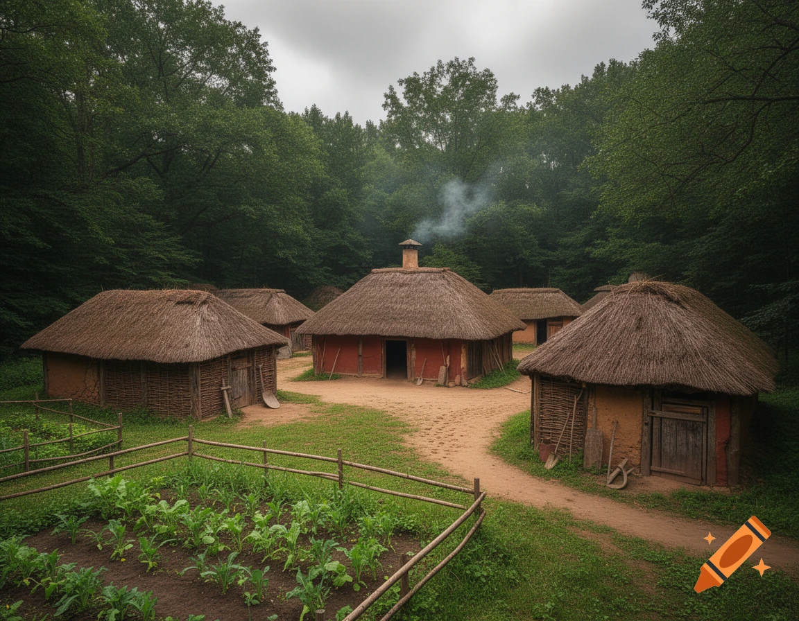 Photorealistic view of a historical village featuring thatched-roof huts, a cultivated garden, and a dirt path amidst a dense forest.