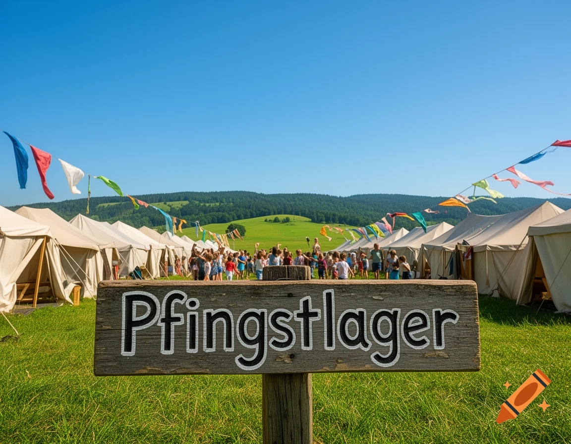 A wooden sign reading 'Pfingstlager' in a sunny field with rows of tents, colorful flags, and a crowd of people.