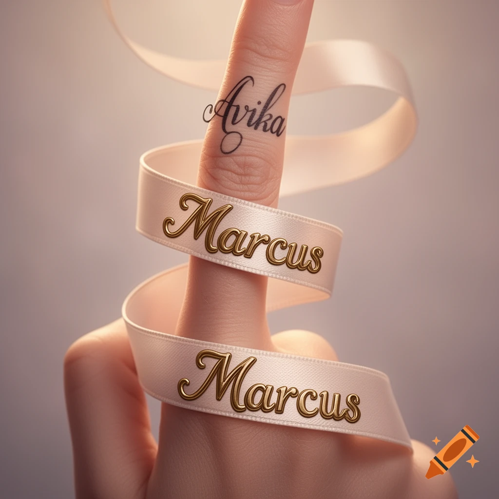 A finger with "Avika" tattooed on it, wrapped by a cream-colored ribbon with "Marcus" in gold letters.