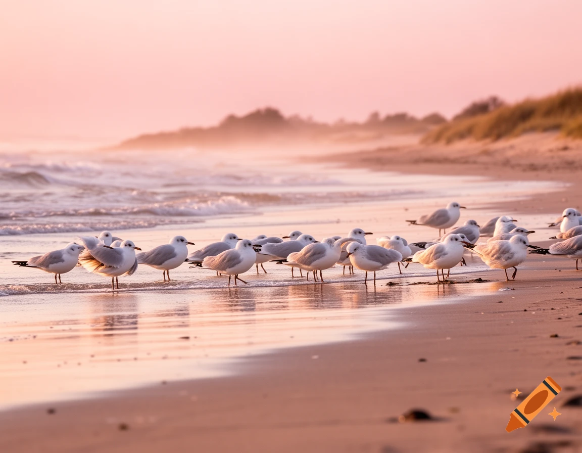 Photorealistic image of many seagulls standing on a sandy beach at sunrise, with a pink and orange sky.