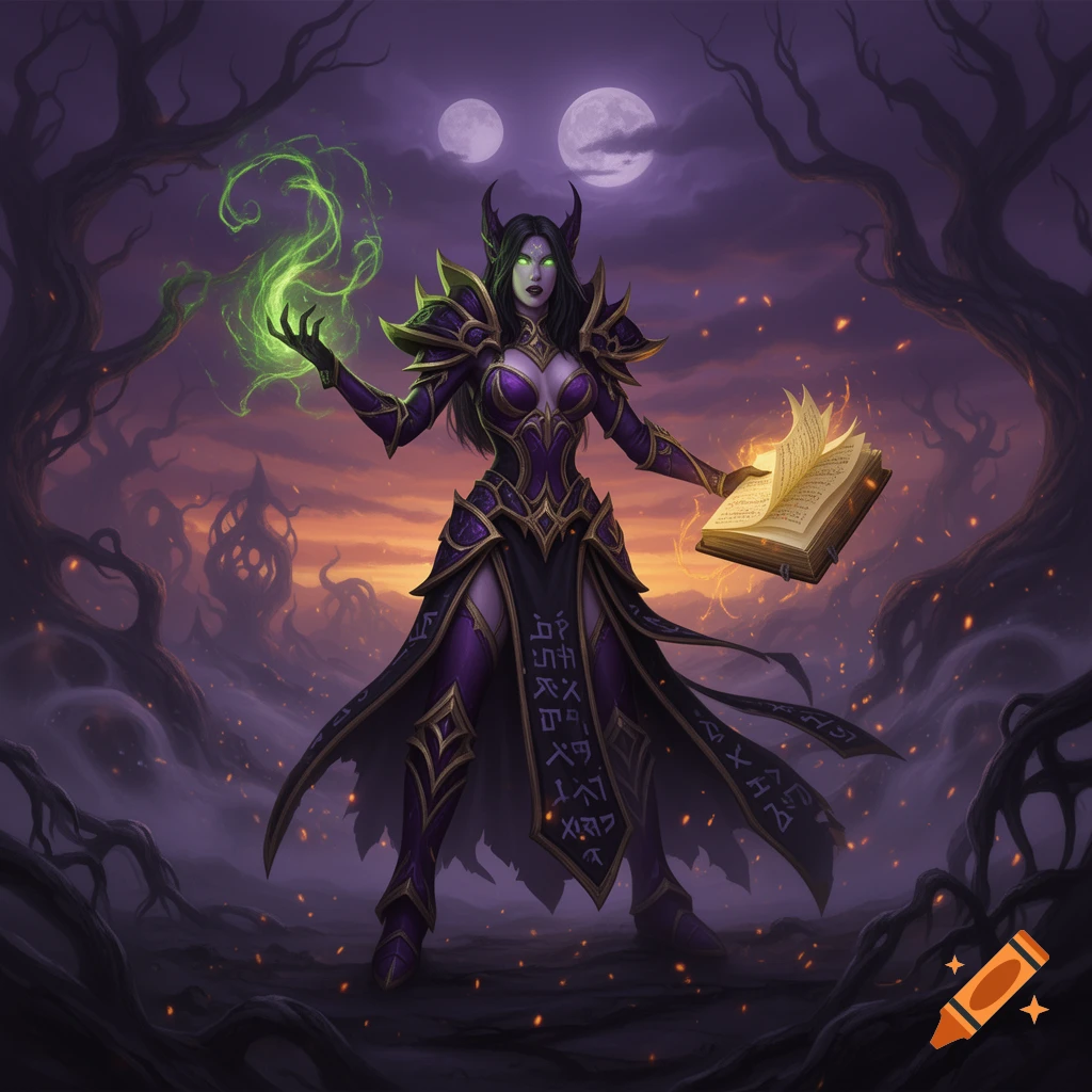 A female warlock in dark purple armor with glowing green magic and eyes, holding a spellbook in a gnarled forest under two moons.