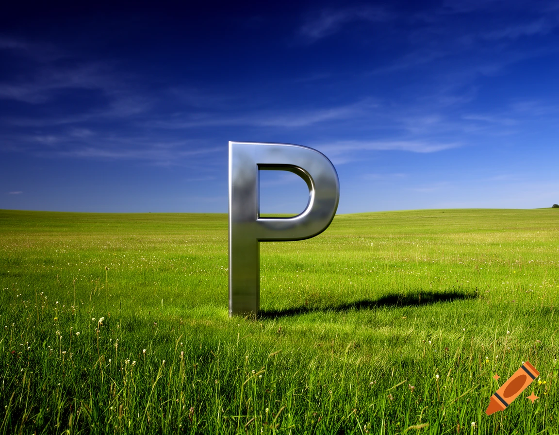 A large, metallic silver letter 'P' stands in the middle of a vast green grassy field under a bright blue sky.