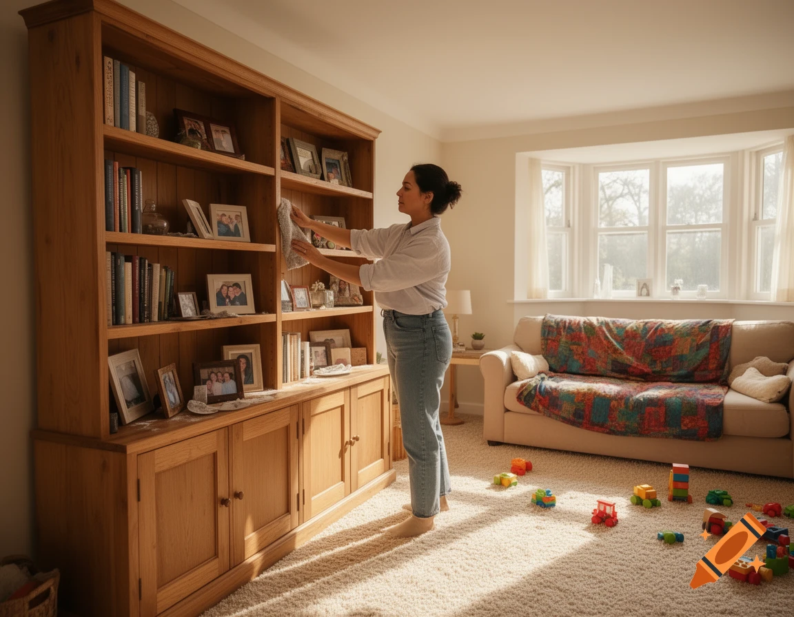 A woman dusting a large wooden bookshelf in a sunlit living room with a sofa and scattered toys on the carpet.