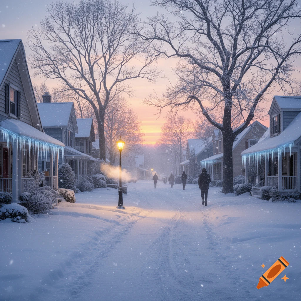A photorealistic winter street scene at dawn with snow-covered houses, glowing lamppost, icicles, and people walking.