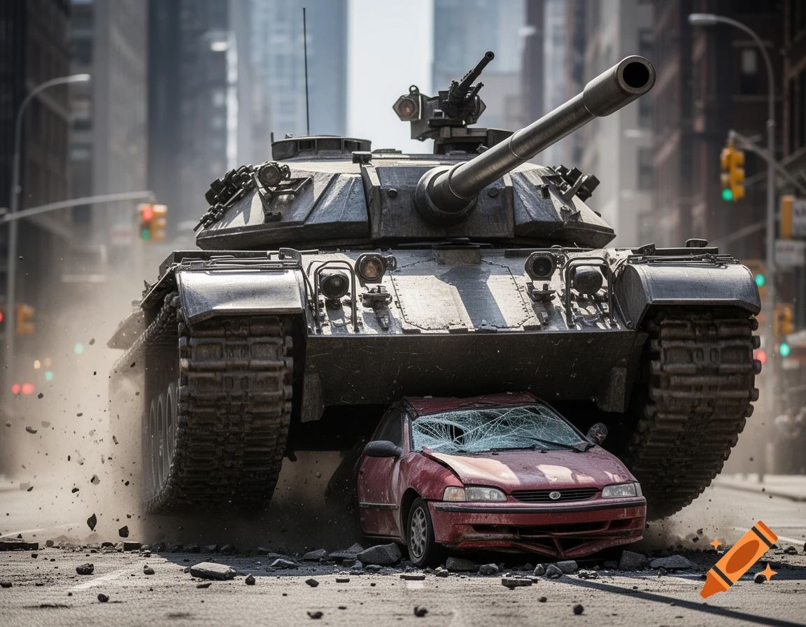 Photorealistic image of a military tank crushing a red car on a dusty city street.