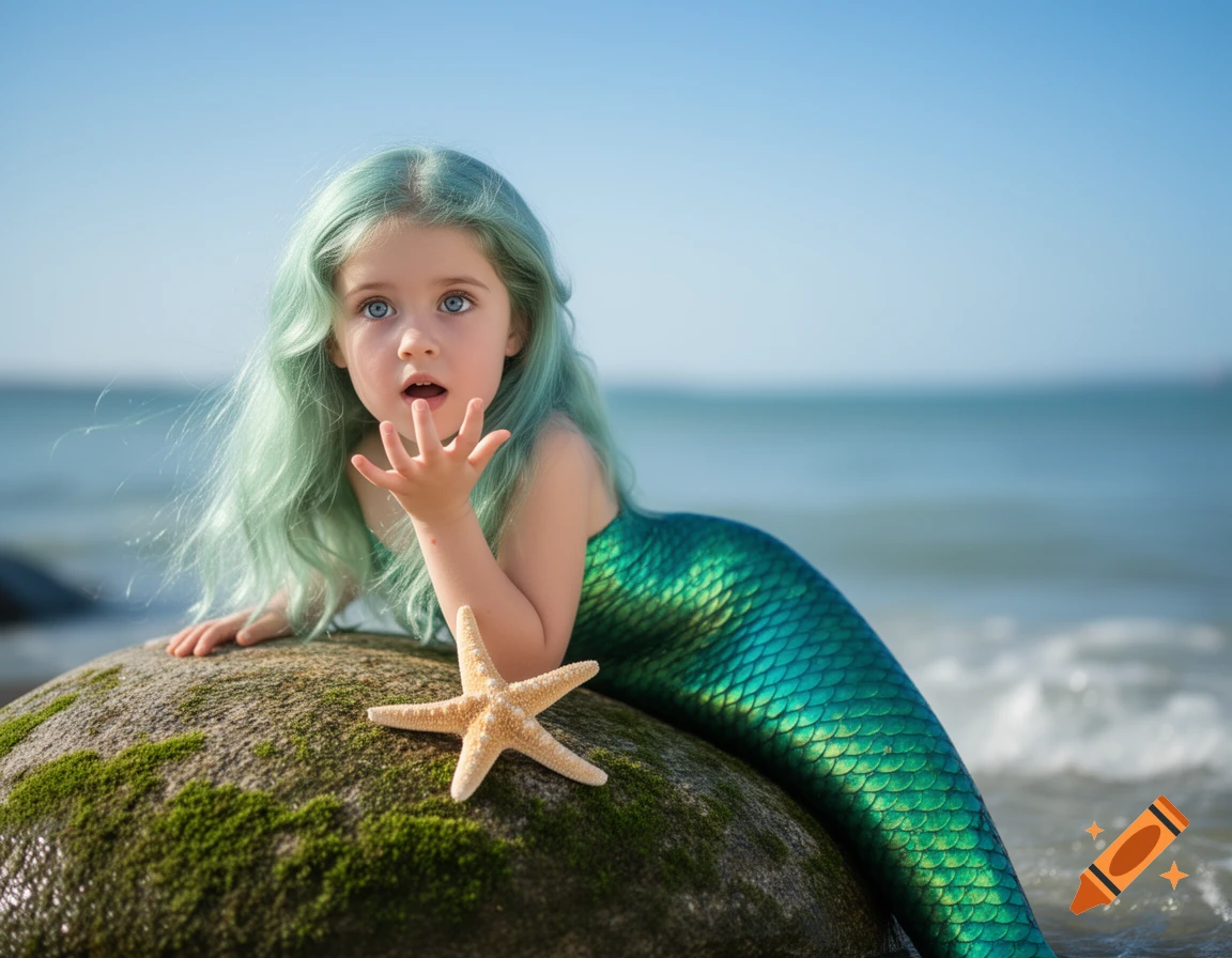 A cute child dressed as a mermaid with green hair and a shiny green tail, sitting on a mossy rock with a starfish at the beach.