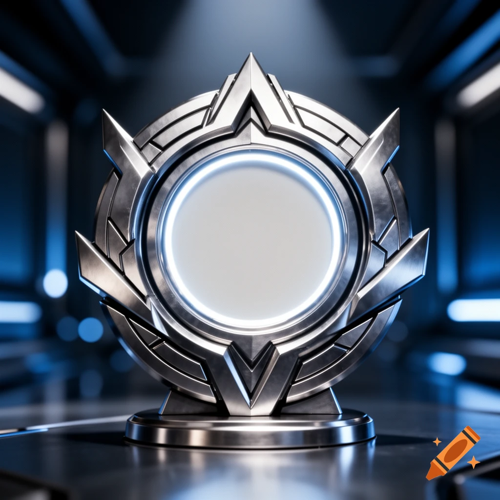 Silver metallic emblem with glowing circular center and angular designs in a dark, futuristic setting.