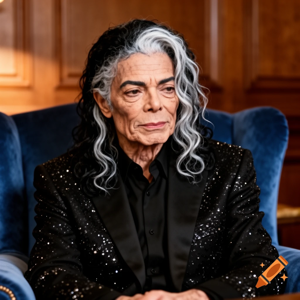 Photorealistic portrait of an older man resembling Michael Jackson with black and white streaked hair, wearing a black sequined jacket, seated.