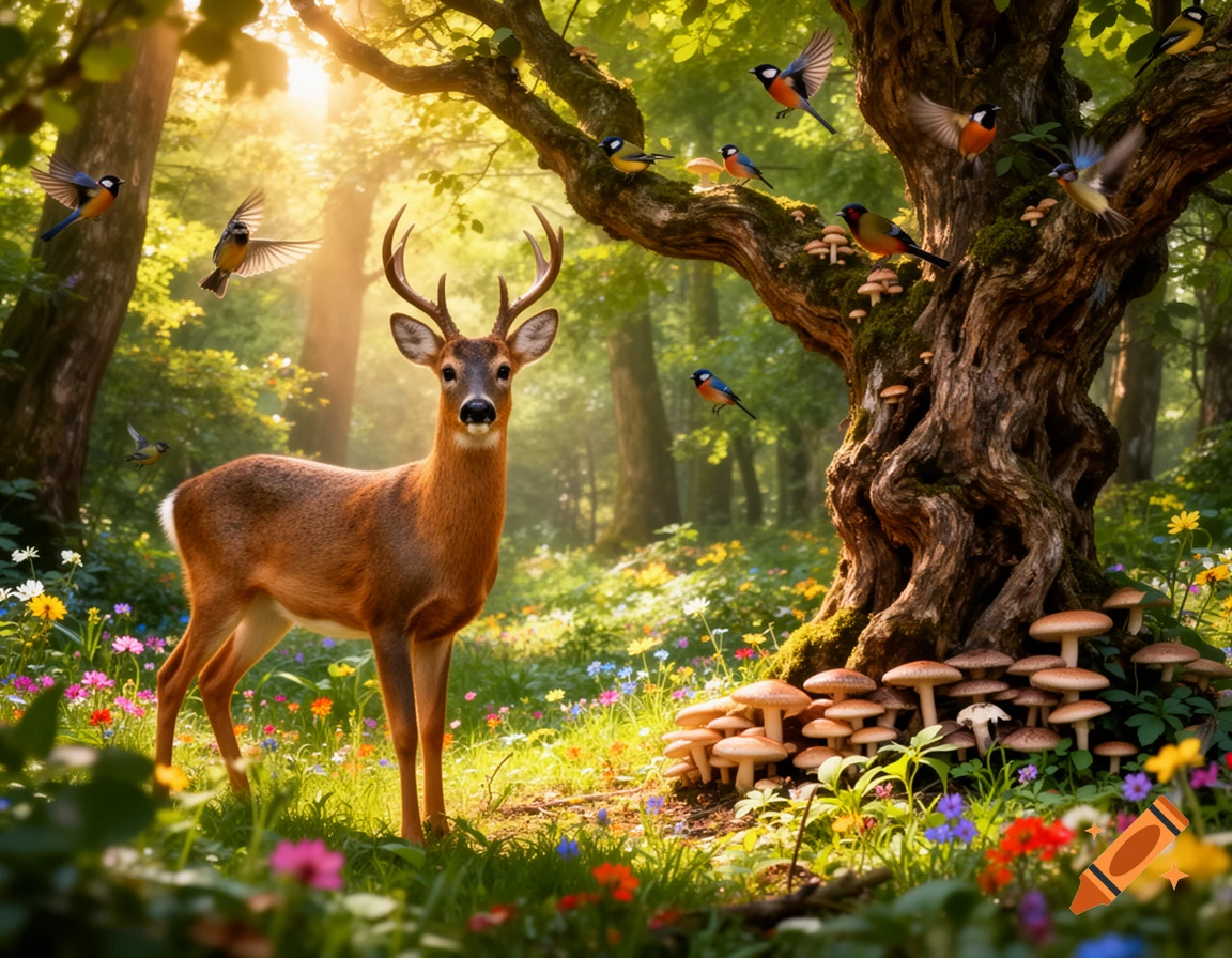 A photorealistic image of a deer standing in a sunlit, vibrant forest surrounded by colorful wildflowers, birds, and mushrooms.