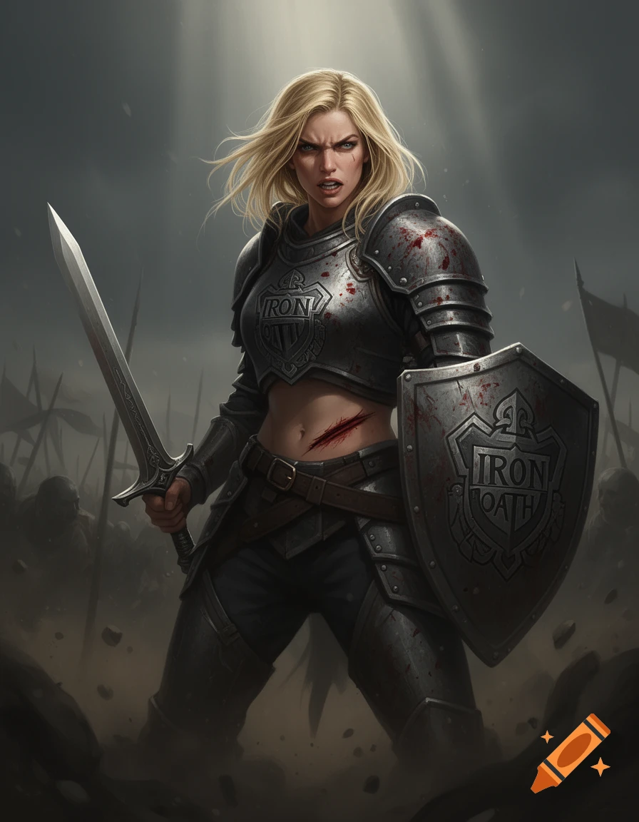 A determined blonde mercenary woman in blood-spattered dark fantasy armor, holding a sword and shield on a battlefield.